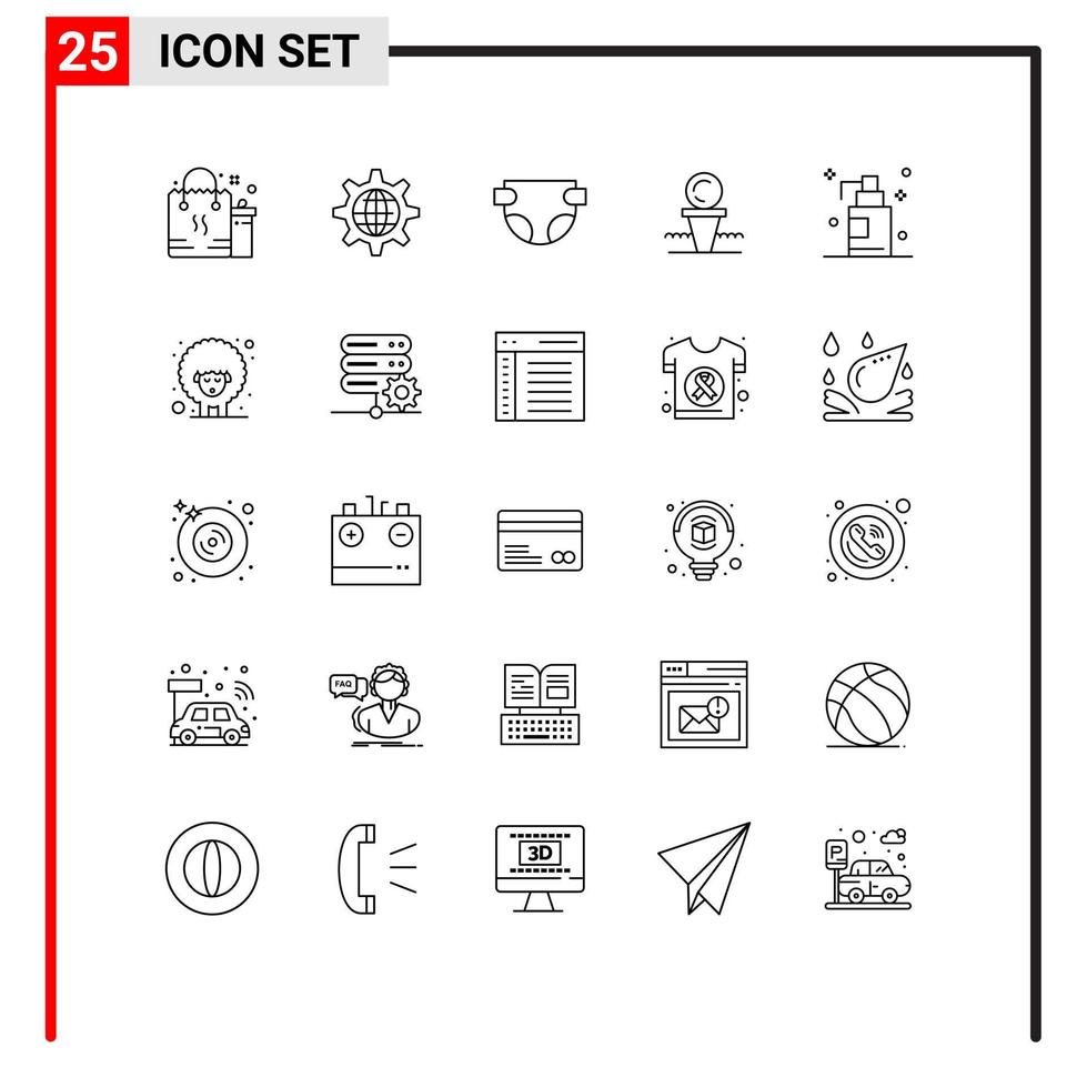 25 símbolos de signos de línea universal de elementos de diseño de vector editables de pañales de corte de engranaje de bola de soporte