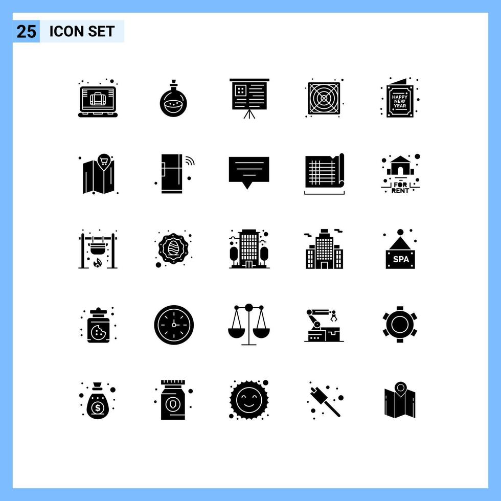 Pack of 25 creative Solid Glyphs of new greetings board card power Editable Vector Design Elements