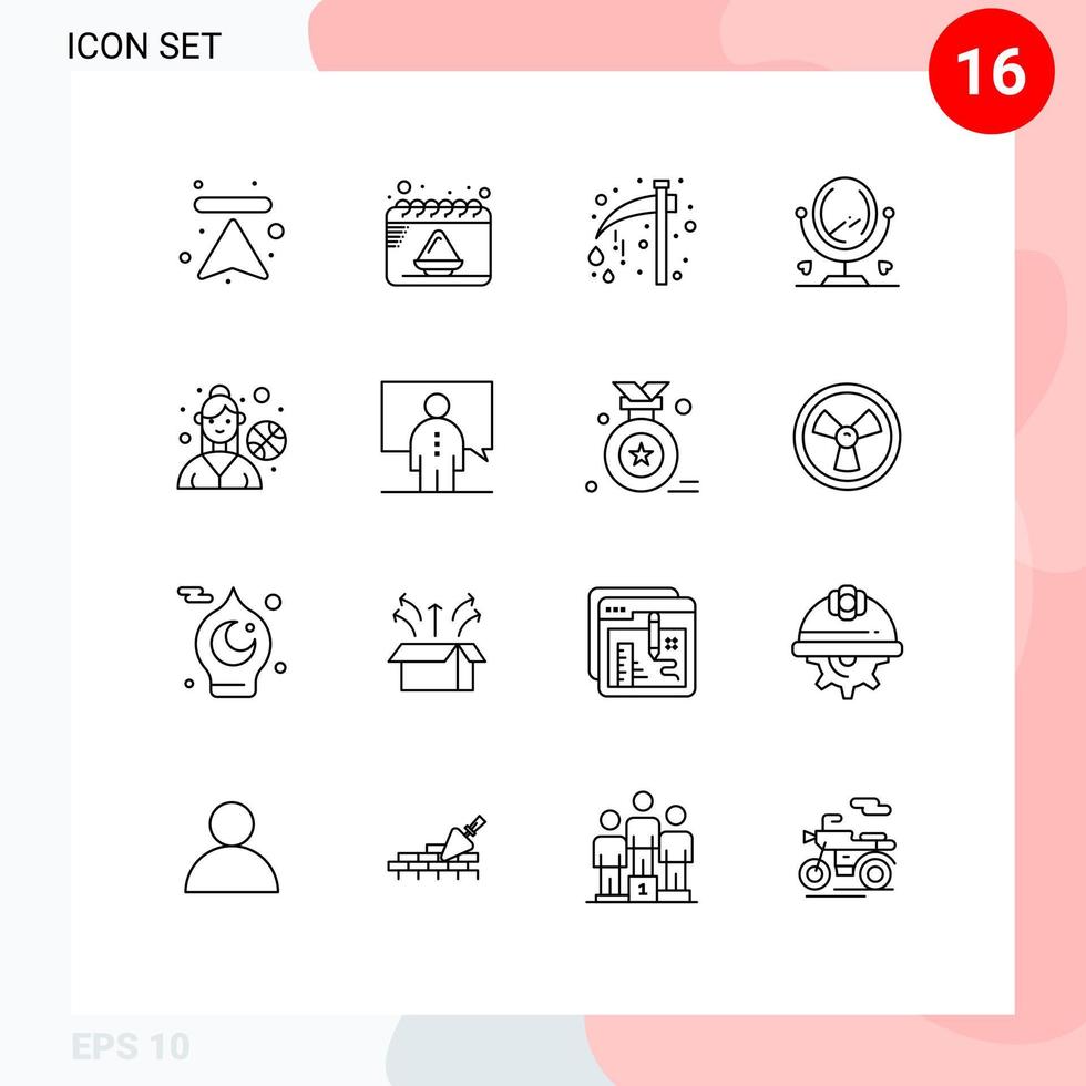 Pack of 16 Modern Outlines Signs and Symbols for Web Print Media such as female player interior axe furniture scary Editable Vector Design Elements