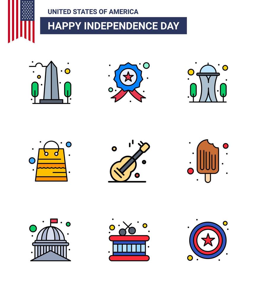 Set of 9 Modern Flat Filled Lines pack on USA Independence Day guiter packages police money space Editable USA Day Vector Design Elements