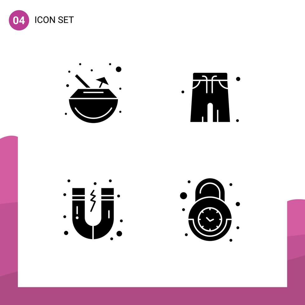 Set of 4 Modern UI Icons Symbols Signs for drink science coconut park clock Editable Vector Design Elements