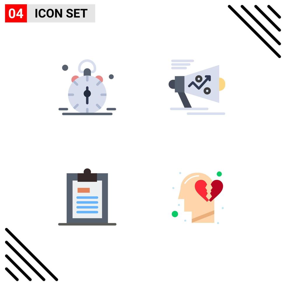 Pack of 4 creative Flat Icons of alarm announce bell megaphone document Editable Vector Design Elements