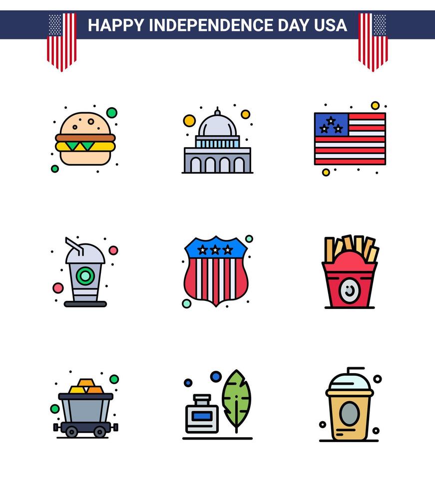 Set of 9 Vector Flat Filled Lines on 4th July USA Independence Day such as frise investigating flag badge drink Editable USA Day Vector Design Elements