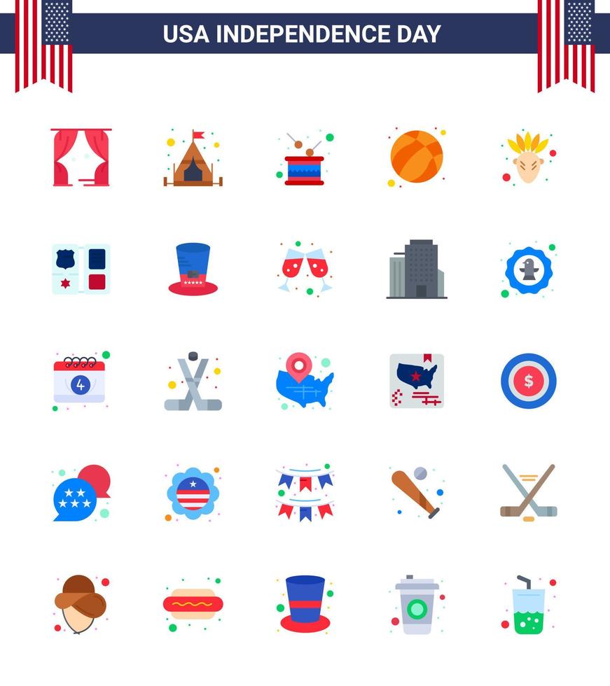 4th July USA Happy Independence Day Icon Symbols Group of 25 Modern Flats of native american usa drum football american Editable USA Day Vector Design Elements