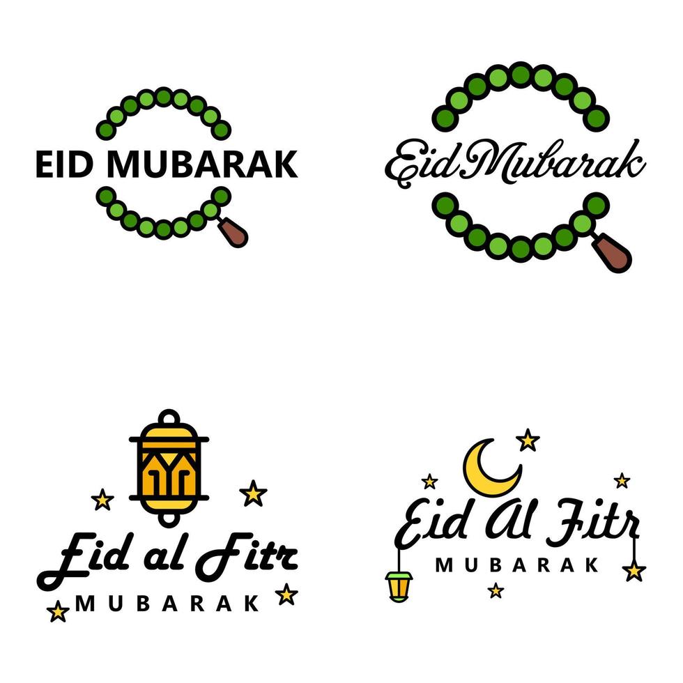 Pack of 4 Vector of Arabic Calligraphy Text with Moon And Stars of Eid Mubarak for the Celebration of Muslim Community Festival