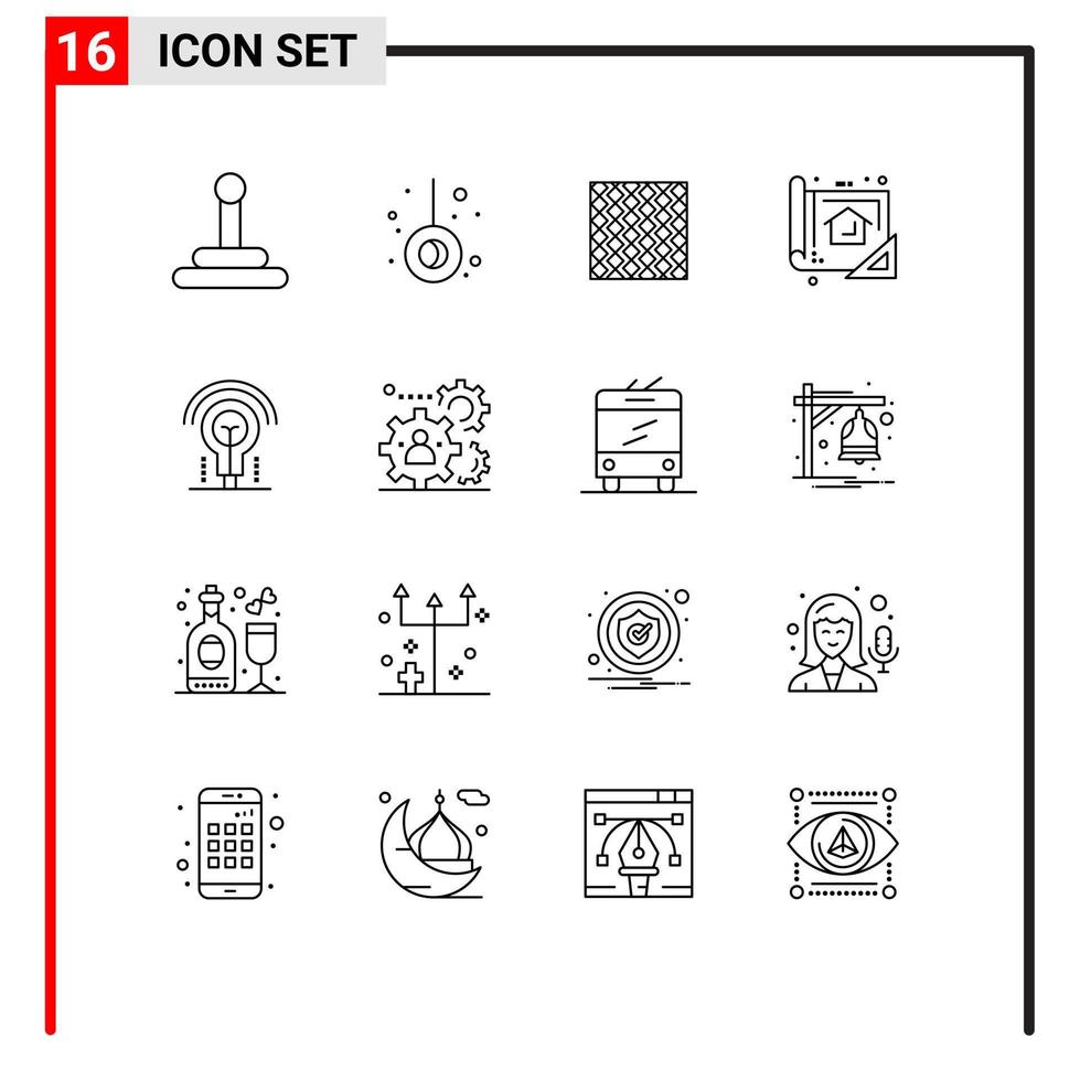 Modern Set of 16 Outlines Pictograph of bulb planning square design plan Editable Vector Design Elements