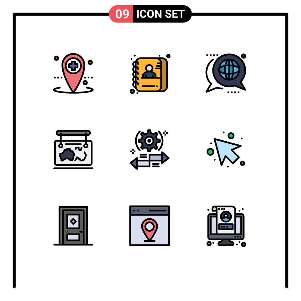 paquete de 9 modernos signos y símbolos de colores planos de línea rellena para medios de impresión web, como mensajes de mapa de comunicación de ubicación de viaje, elementos de diseño de vectores editables