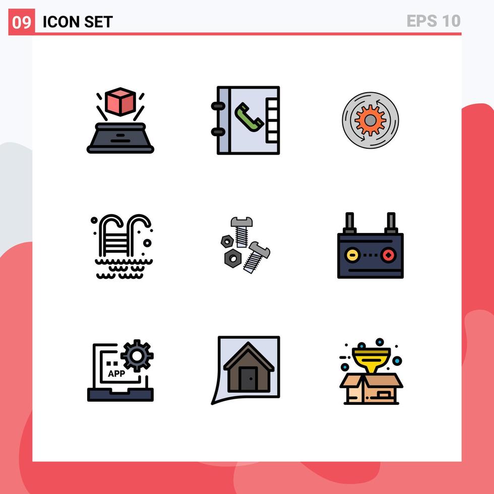 Modern Set of 9 Filledline Flat Colors Pictograph of tools nut company bolt water Editable Vector Design Elements