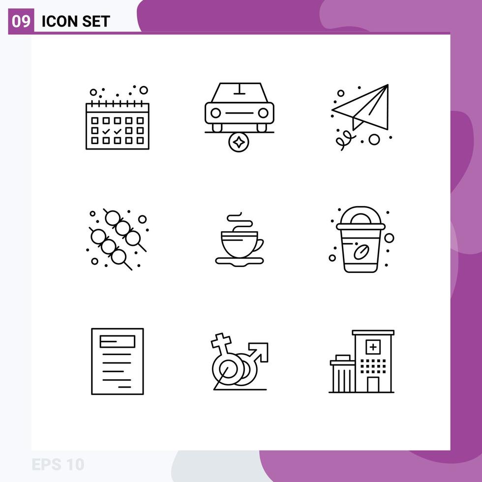 Set of 9 Vector Outlines on Grid for coffee coffee message cup food Editable Vector Design Elements
