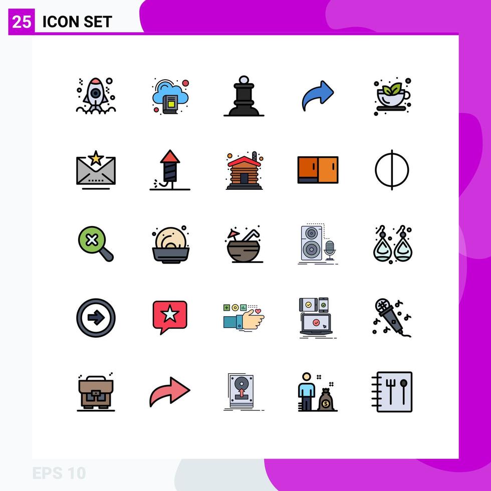 Mobile Interface Filled line Flat Color Set of 25 Pictograms of tea autumn bishop forward direction Editable Vector Design Elements