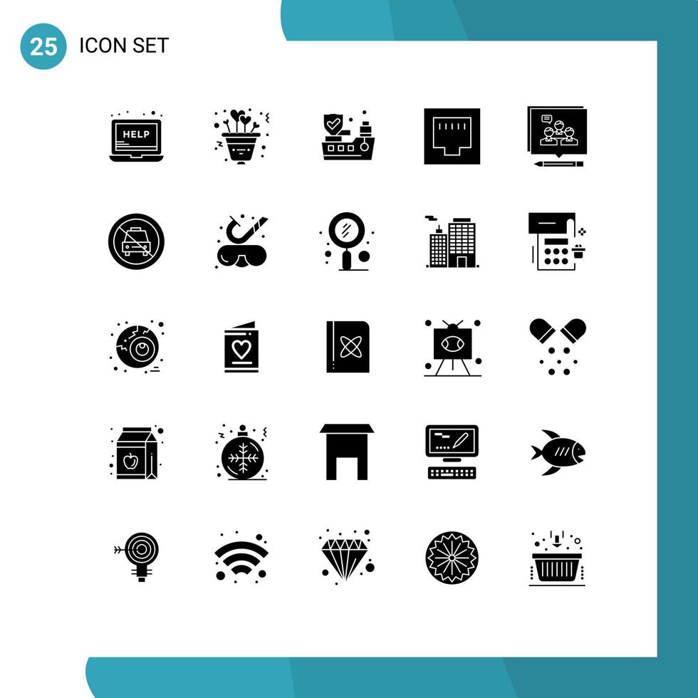 Mobile Interface Solid Glyph Set of 25 Pictograms of convince argument ship analysis ethernet Editable Vector Design Elements