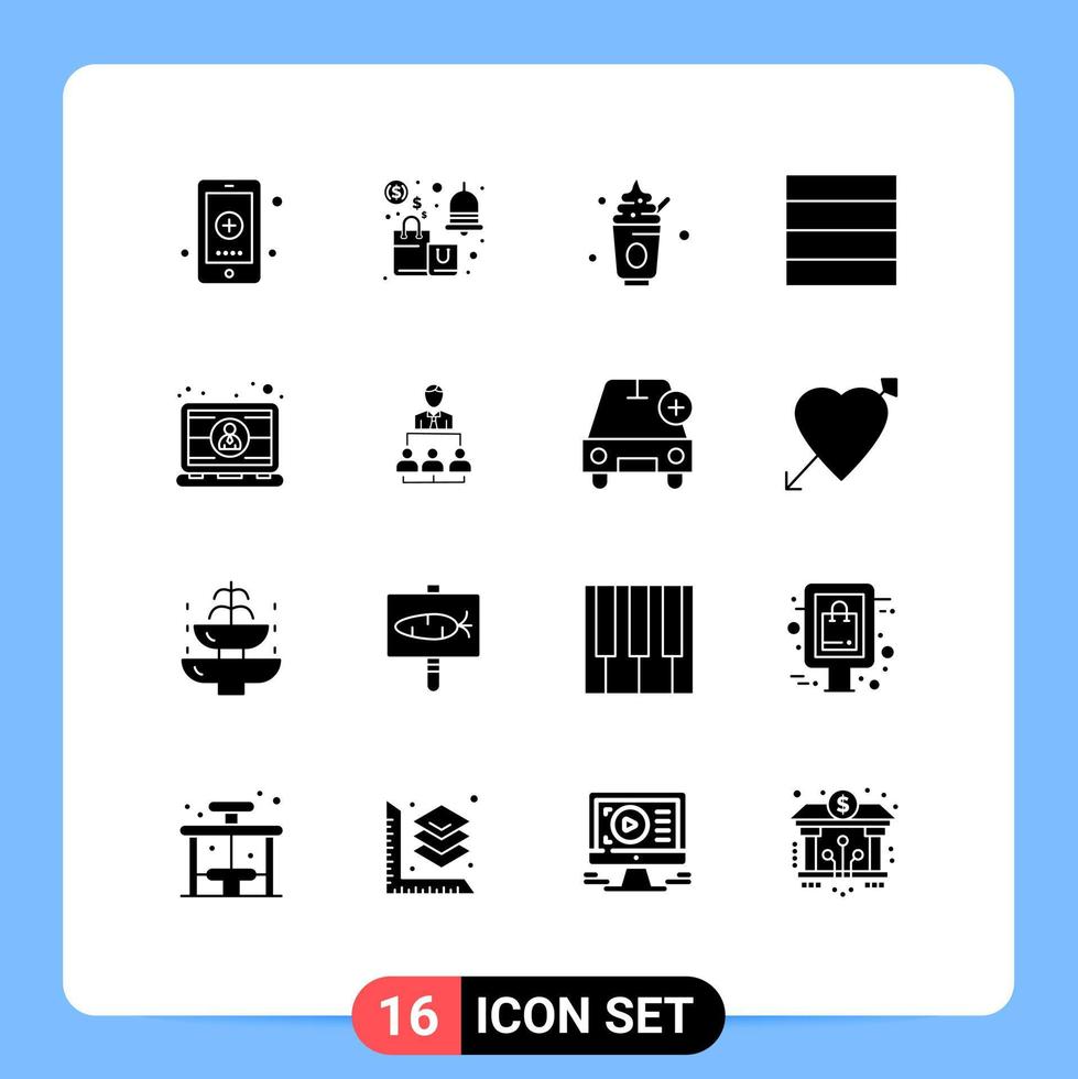 Universal Icon Symbols Group of 16 Modern Solid Glyphs of employee wireframe savings grid sweet Editable Vector Design Elements