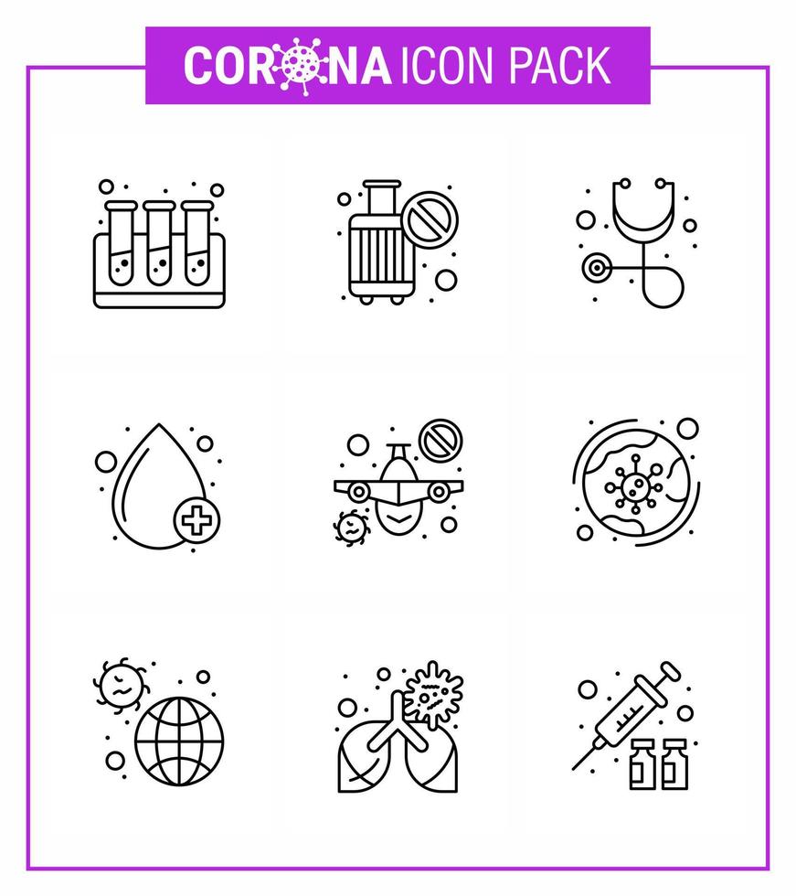 Covid19 icon set for infographic 9 Line pack such as warning prohibit healthcare plane type viral coronavirus 2019nov disease Vector Design Elements