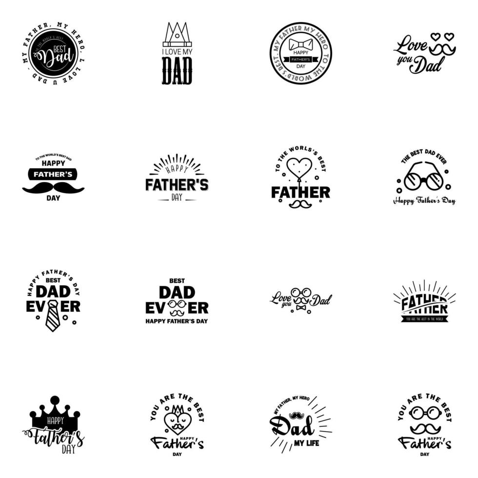 16 Black Set of Vector Happy fathers day Typography Vintage Icons Lettering for greeting cards banners tshirt design Fathers Day Editable Vector Design Elements