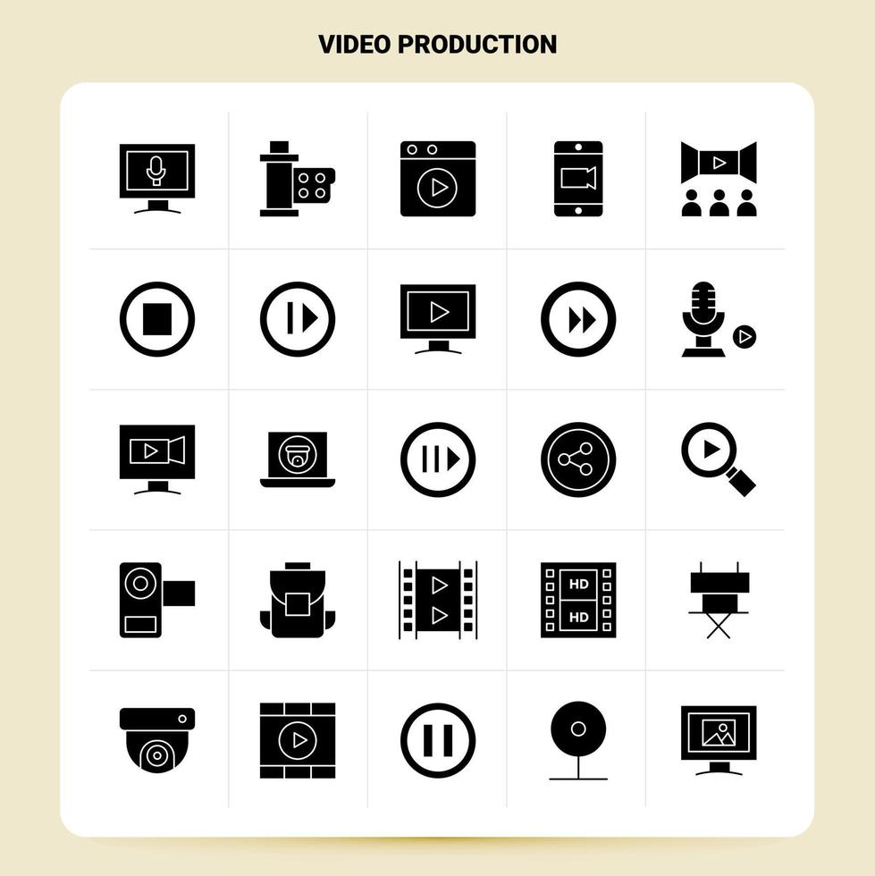 conjunto de iconos de producción de video sólido 25 diseño de estilo de glifo vectorial conjunto de iconos negros diseño de ideas de negocios web y móvil ilustración vectorial vector