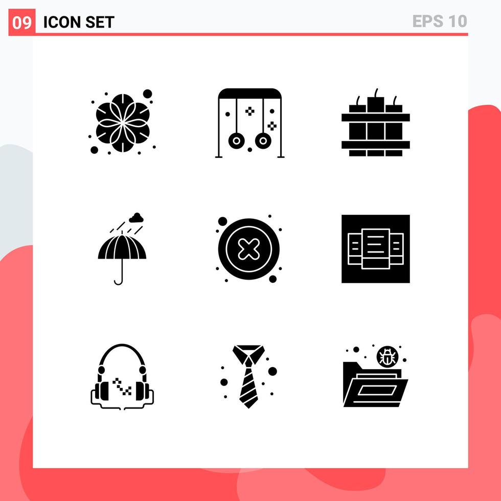 Pack of 9 creative Solid Glyphs of cancel safety swing rain umbrella Editable Vector Design Elements