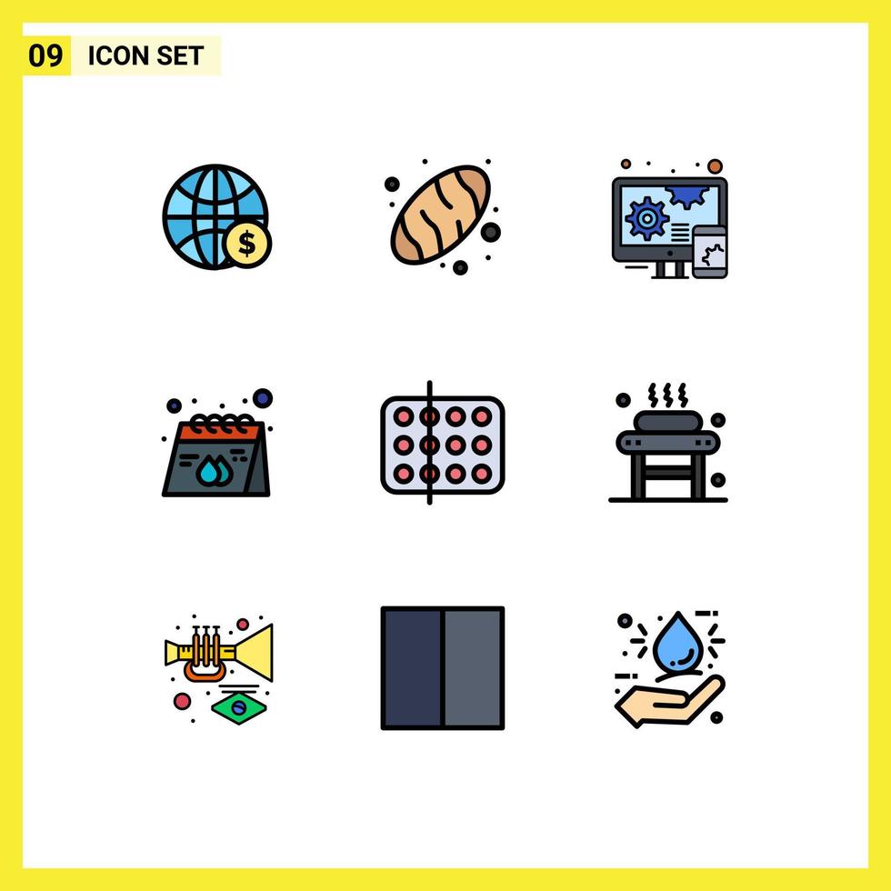 Modern Set of 9 Filledline Flat Colors Pictograph of health product adaptive print calendar Editable Vector Design Elements