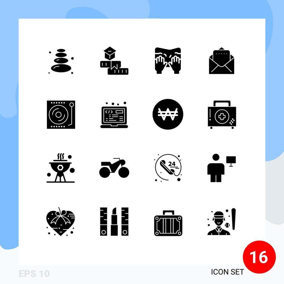 Pictogram Set of 16 Simple Solid Glyphs of turntable dj massage devices document Editable Vector Design Elements