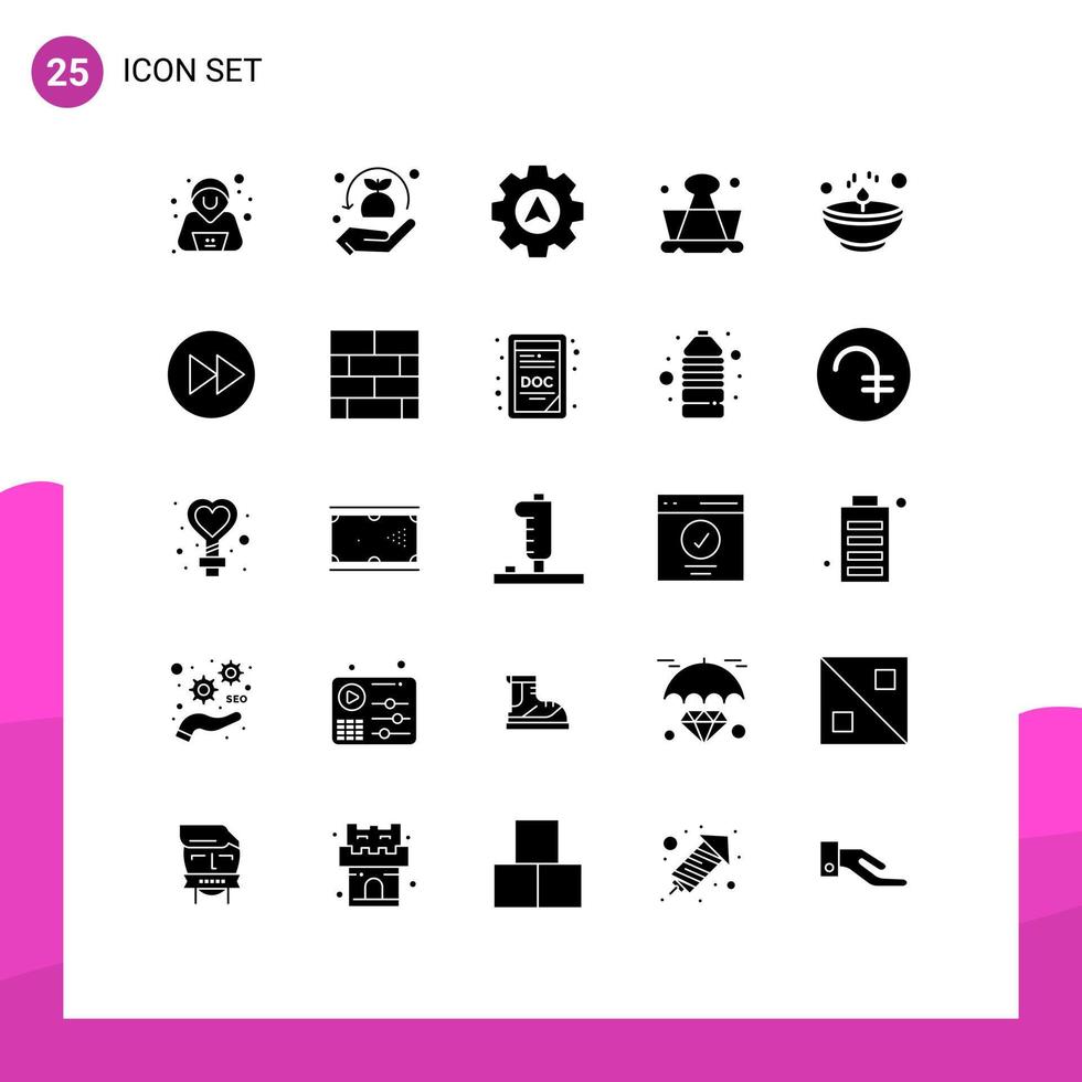 Solid Glyph Pack of 25 Universal Symbols of lamp diwali cursor bright learning Editable Vector Design Elements