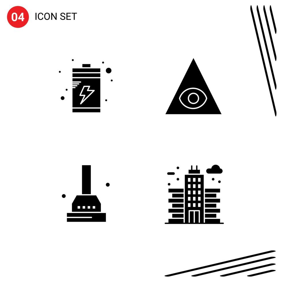 Editable Vector Line Pack of 4 Simple Solid Glyphs of battery city eye bath office Editable Vector Design Elements