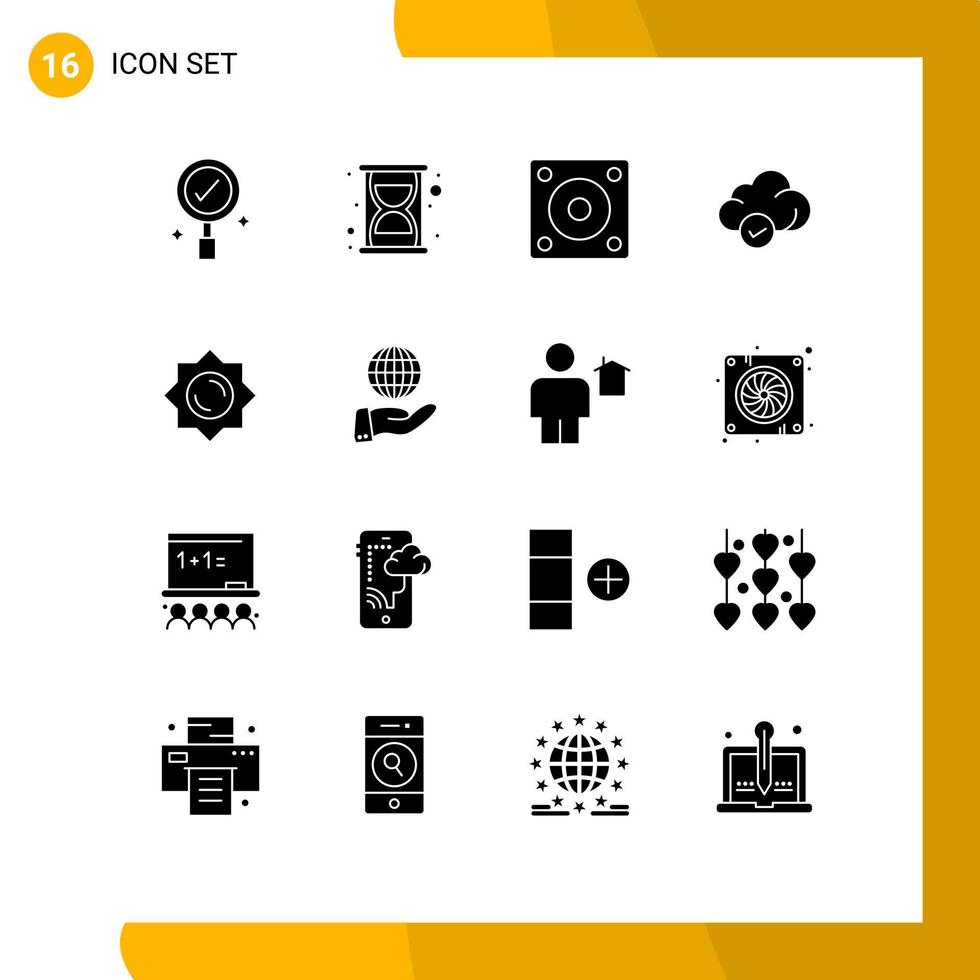 Group of 16 Solid Glyphs Signs and Symbols for business sunshine hard disk sun storage Editable Vector Design Elements