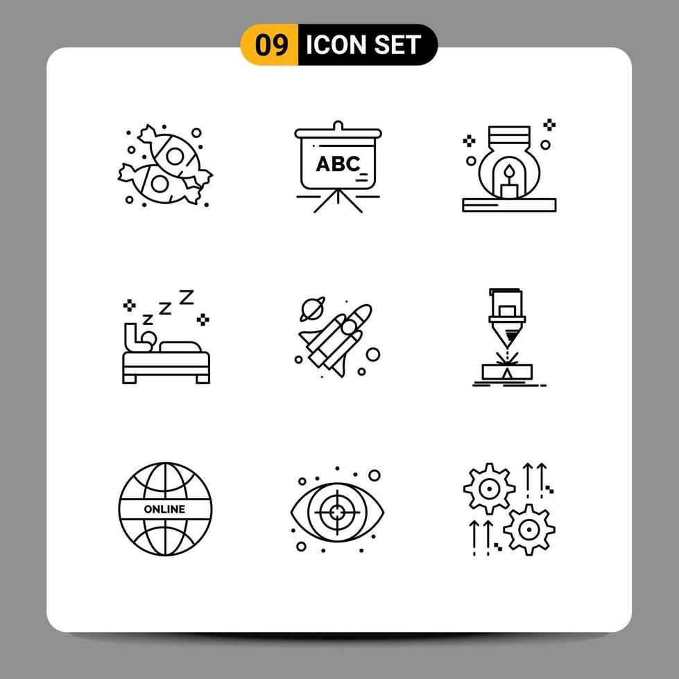 Group of 9 Modern Outlines Set for science fly relax cleaning bedroom Editable Vector Design Elements