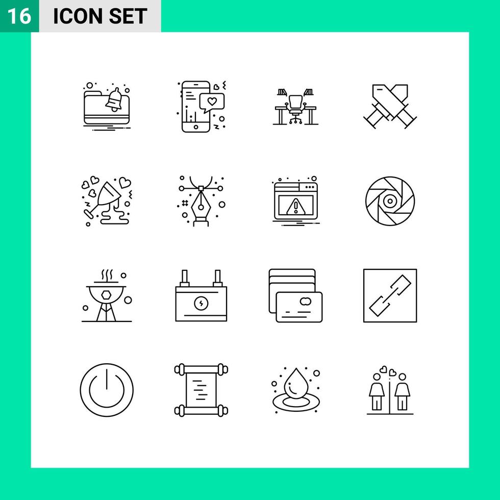 conjunto moderno de 16 esquemas pictográficos de elementos de diseño de vectores editables de la oficina de logros empresariales de premios de corona