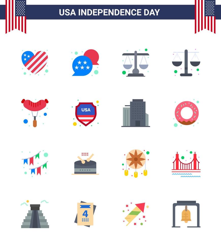 Happy Independence Day USA Pack of 16 Creative Flats of sign security court sausage food Editable USA Day Vector Design Elements