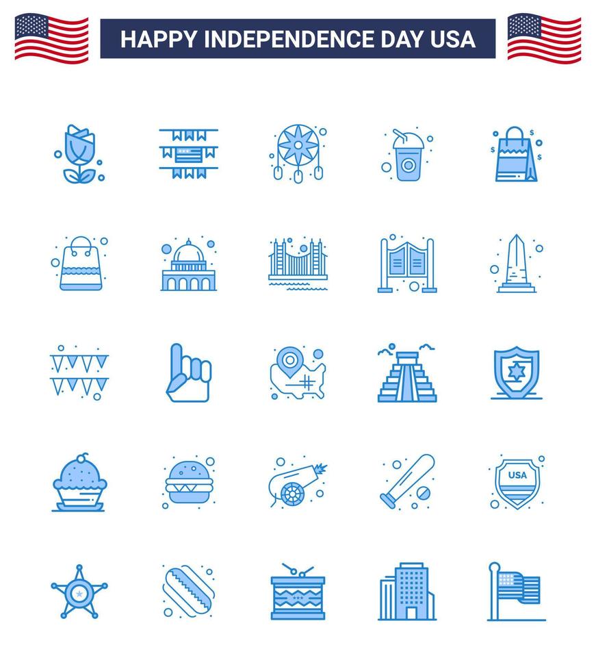 Pack of 25 USA Independence Day Celebration Blues Signs and 4th July Symbols such as usa bag decoration soda cola Editable USA Day Vector Design Elements
