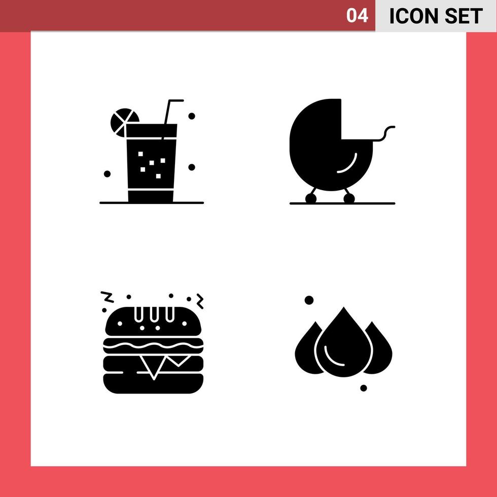 Group of 4 Modern Solid Glyphs Set for fruit food summer carriage rain Editable Vector Design Elements