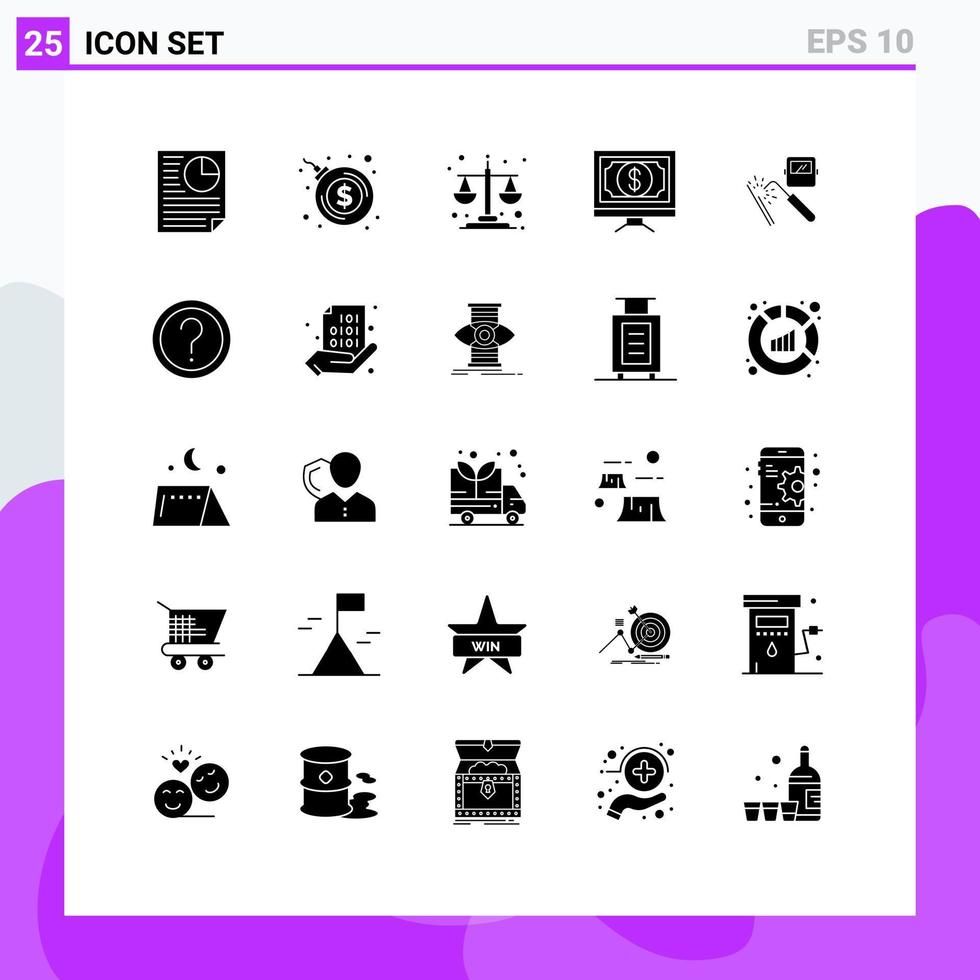 Set of 25 Commercial Solid Glyphs pack for machine pay balance scale money click Editable Vector Design Elements