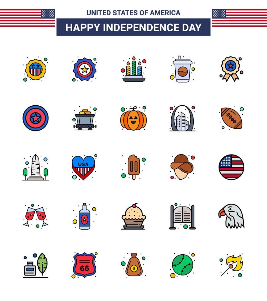 Group of 25 Flat Filled Lines Set for Independence day of United States of America such as rail cart cola medal independece Editable USA Day Vector Design Elements