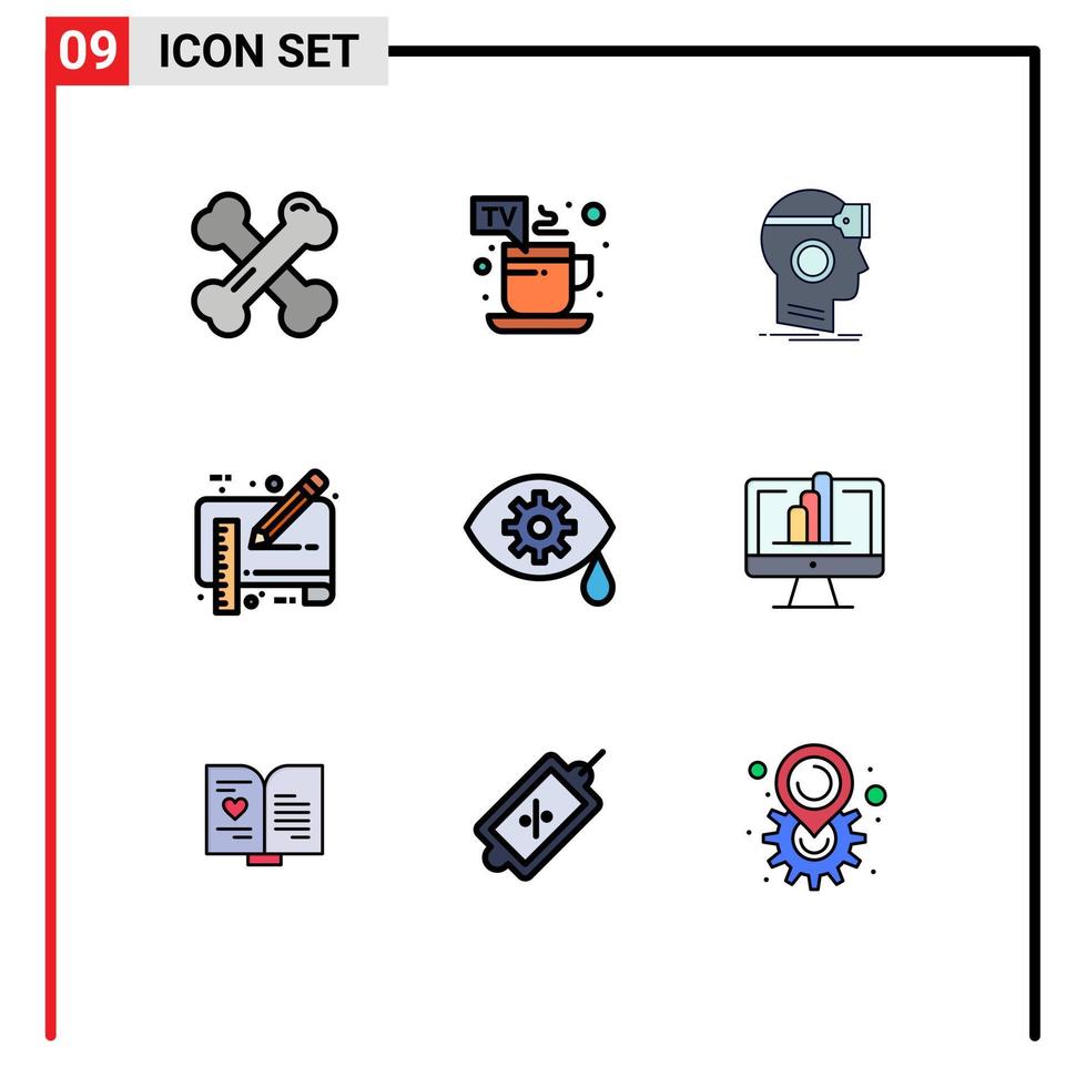 grupo de símbolos de icono universal de 9 colores planos de línea de relleno modernos de elementos de diseño de vector virtual editable de documento vr de borrador de regla