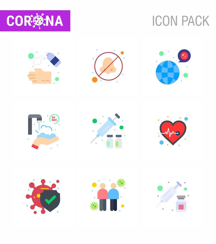 CORONAVIRUS 9 Flat Color Icon set on the theme of Corona epidemic contains icons such as washing protect hands avoid twenty seconds covid viral coronavirus 2019nov disease Vector Design Elements