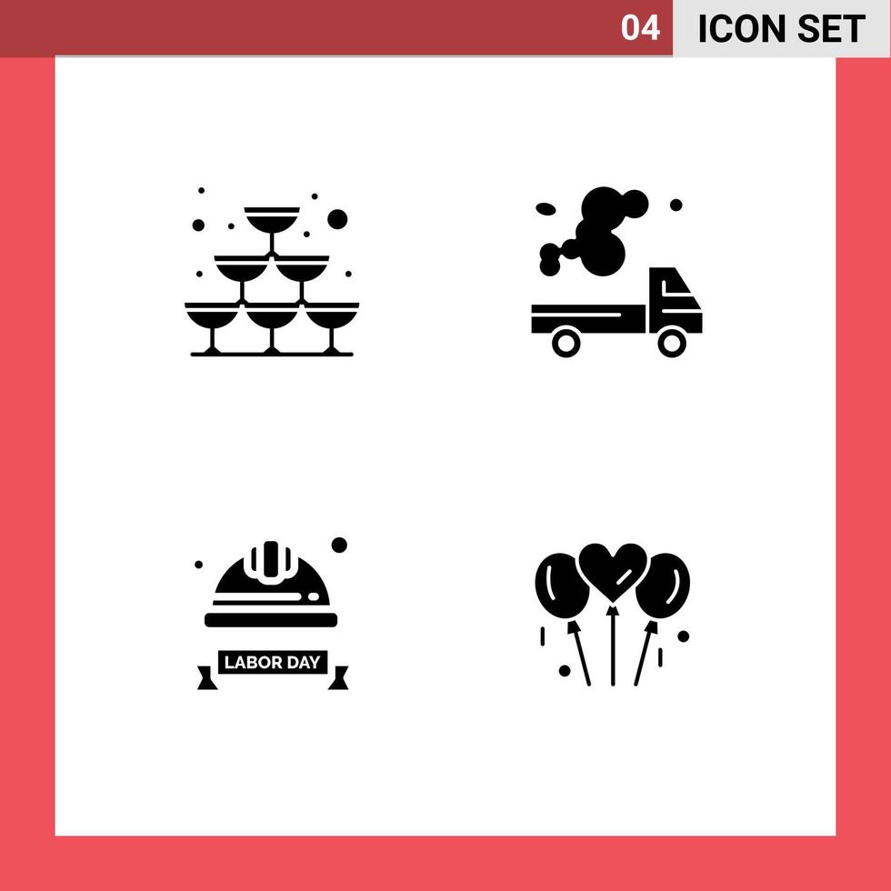 paquete de 4 signos y símbolos de glifos sólidos modernos para medios de impresión web, como elementos de diseño de vectores editables de sombrero duro de emisión de fiesta de tapa de vidrio