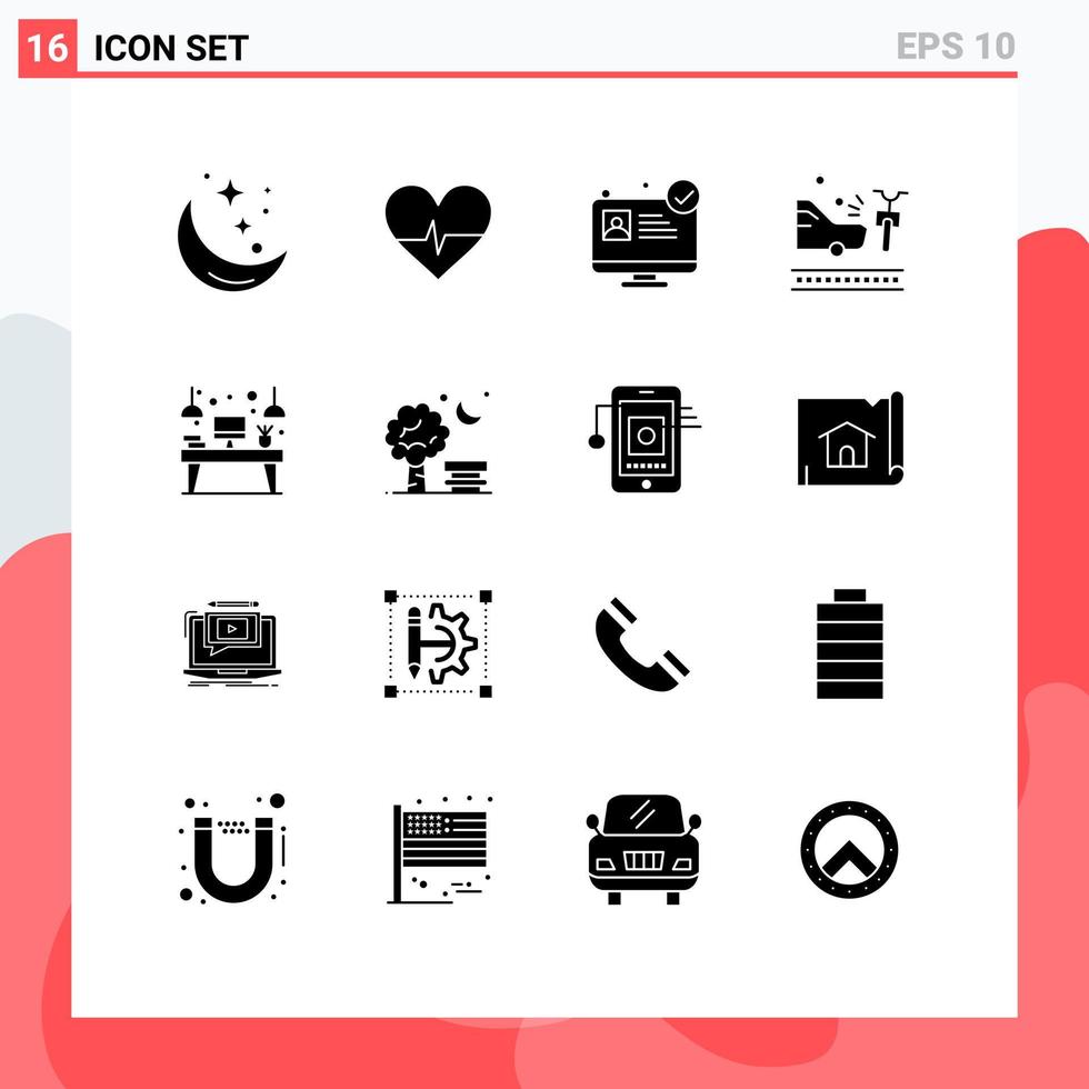 Group of 16 Solid Glyphs Signs and Symbols for workplace desk hospital website crash bicycle Editable Vector Design Elements