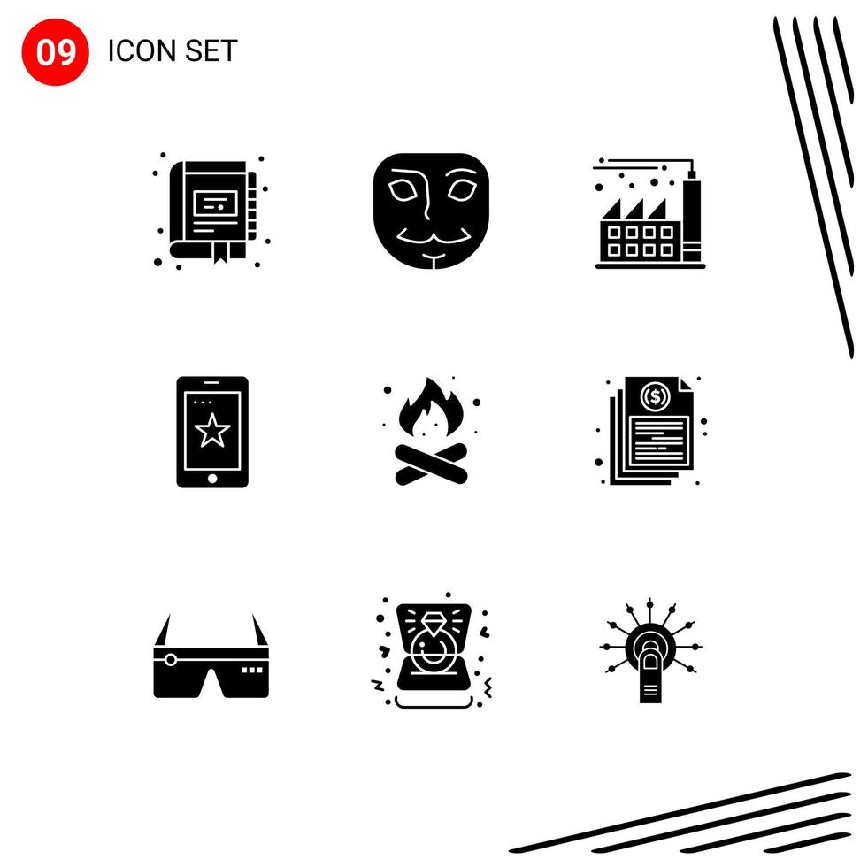 Group of 9 Modern Solid Glyphs Set for fire camp digital ireland phone Editable Vector Design Elements