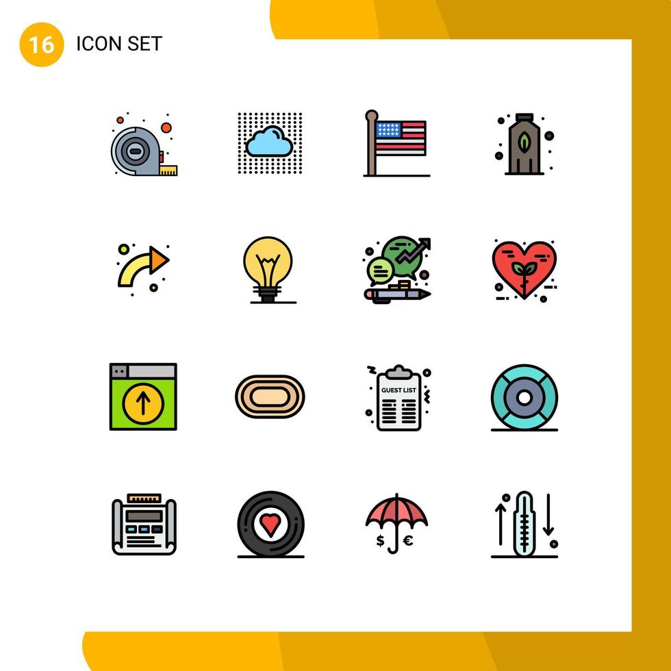 Modern Set of 16 Flat Color Filled Lines Pictograph of curved arrow flag agriculture bottle Editable Creative Vector Design Elements