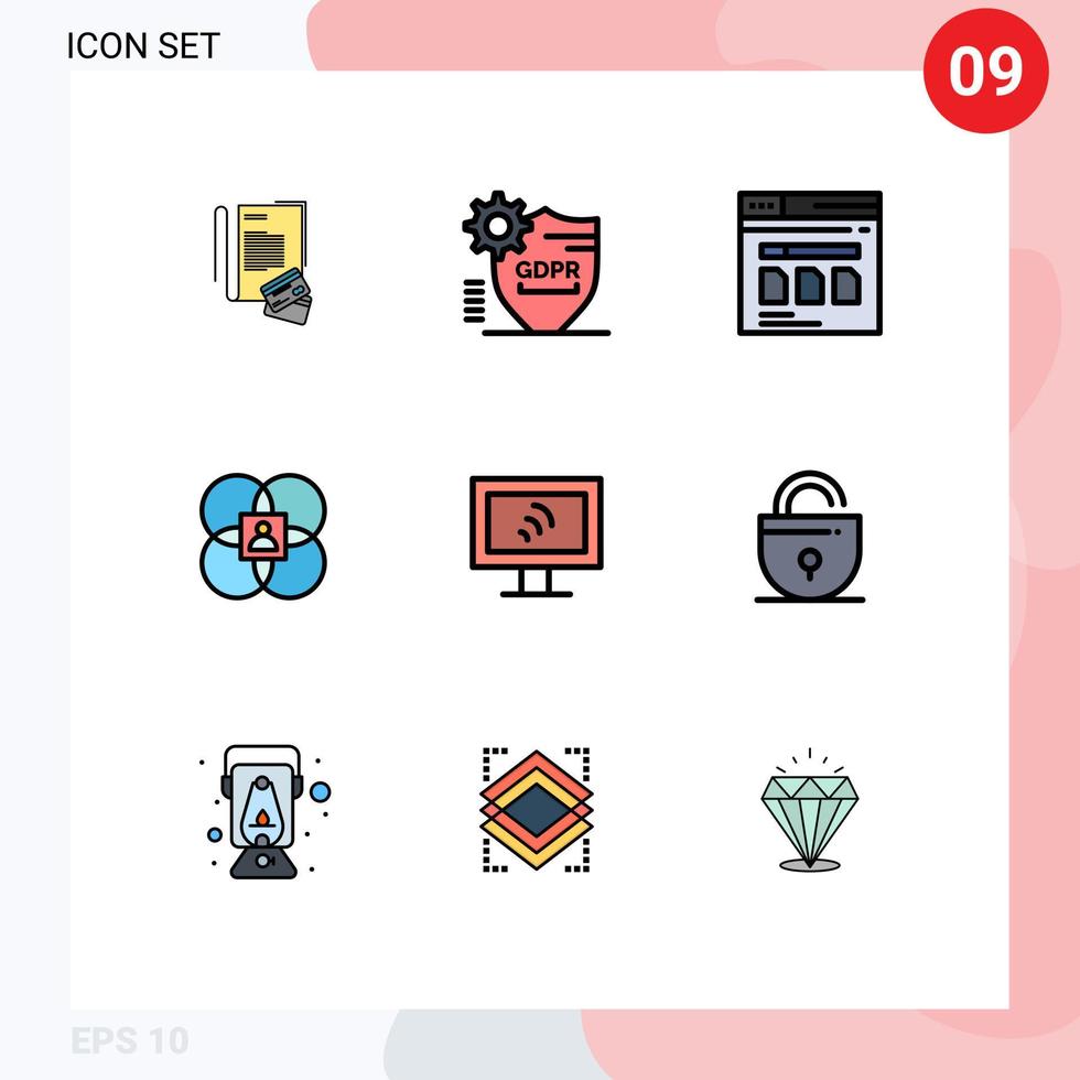 Pack of 9 creative Filledline Flat Colors of model features security character website Editable Vector Design Elements