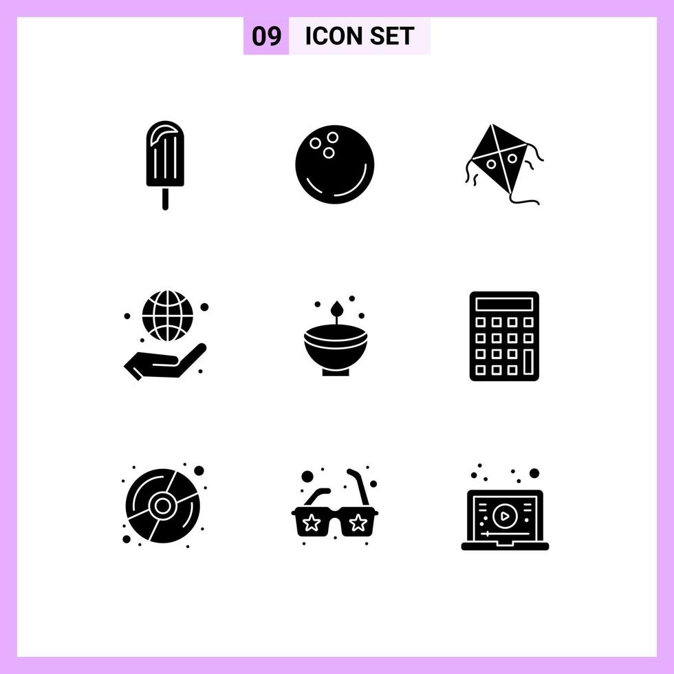 Pack of 9 creative Solid Glyphs of deepavali celebrate kite management globe Editable Vector Design Elements
