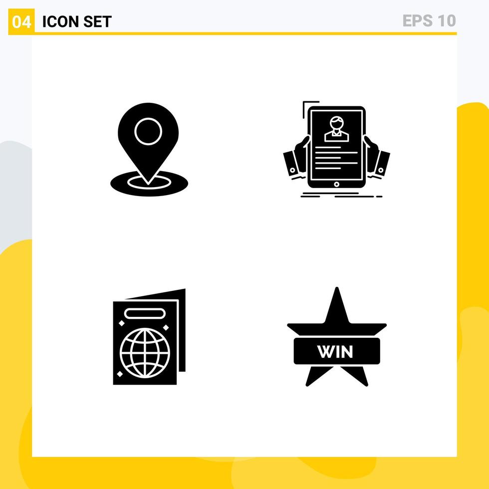 Universal Icon Symbols Group of 4 Modern Solid Glyphs of location beach hotel hiring passport Editable Vector Design Elements