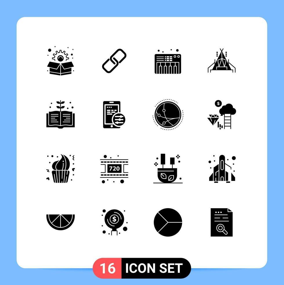 16 Thematic Vector Solid Glyphs and Editable Symbols of mobile knowledge piano education camping Editable Vector Design Elements