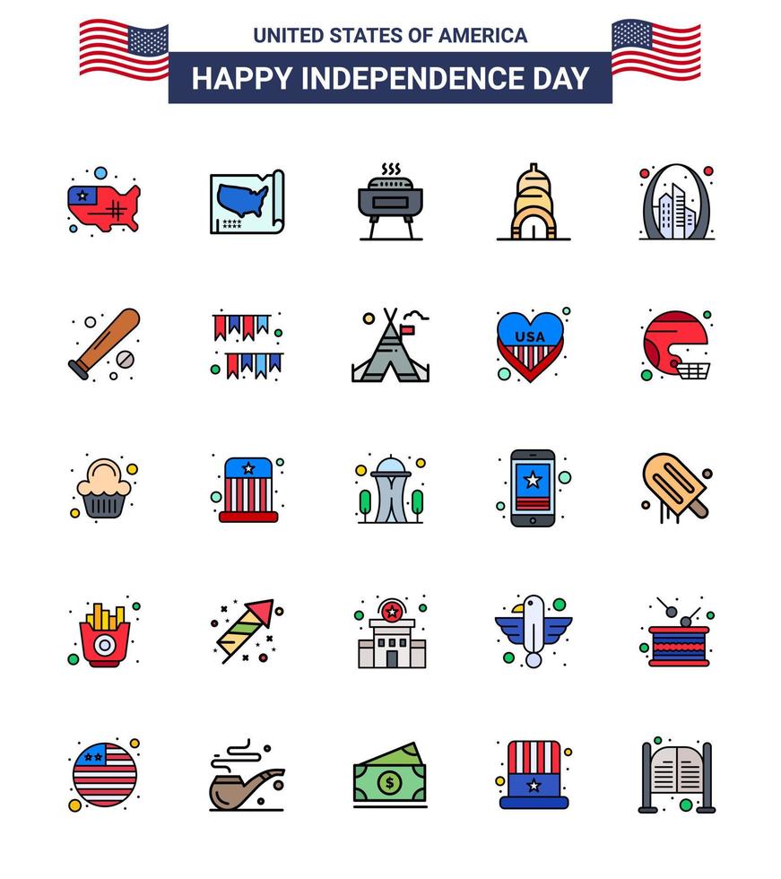 25 estados unidos línea plana llena signos celebración del día de la independencia símbolos de béisbol estados unidos chrysler edificio emblemático editable día de estados unidos elementos de diseño vectorial vector