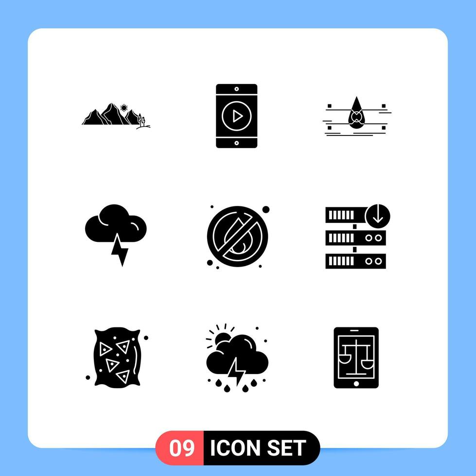 Solid Glyph Pack of 9 Universal Symbols of no weather water lightning smart city Editable Vector Design Elements