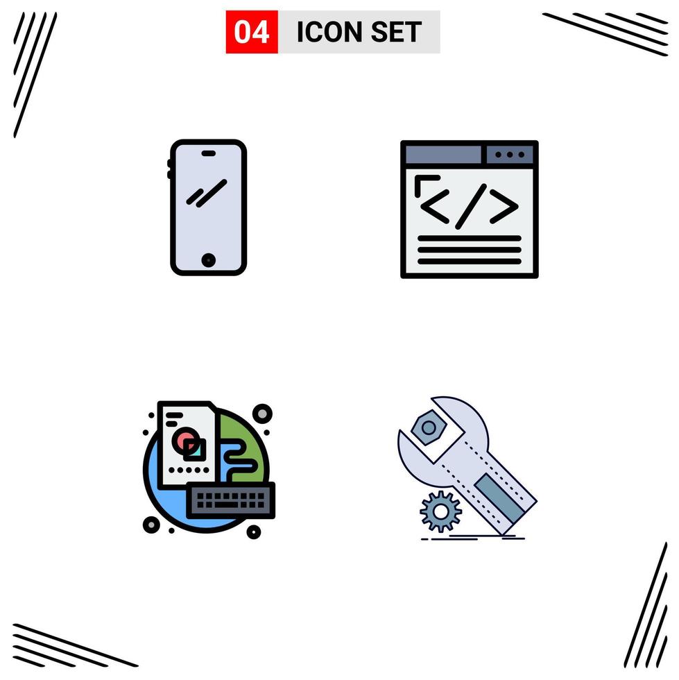 Set of 4 Modern UI Icons Symbols Signs for phone web development android coding key Editable Vector Design Elements