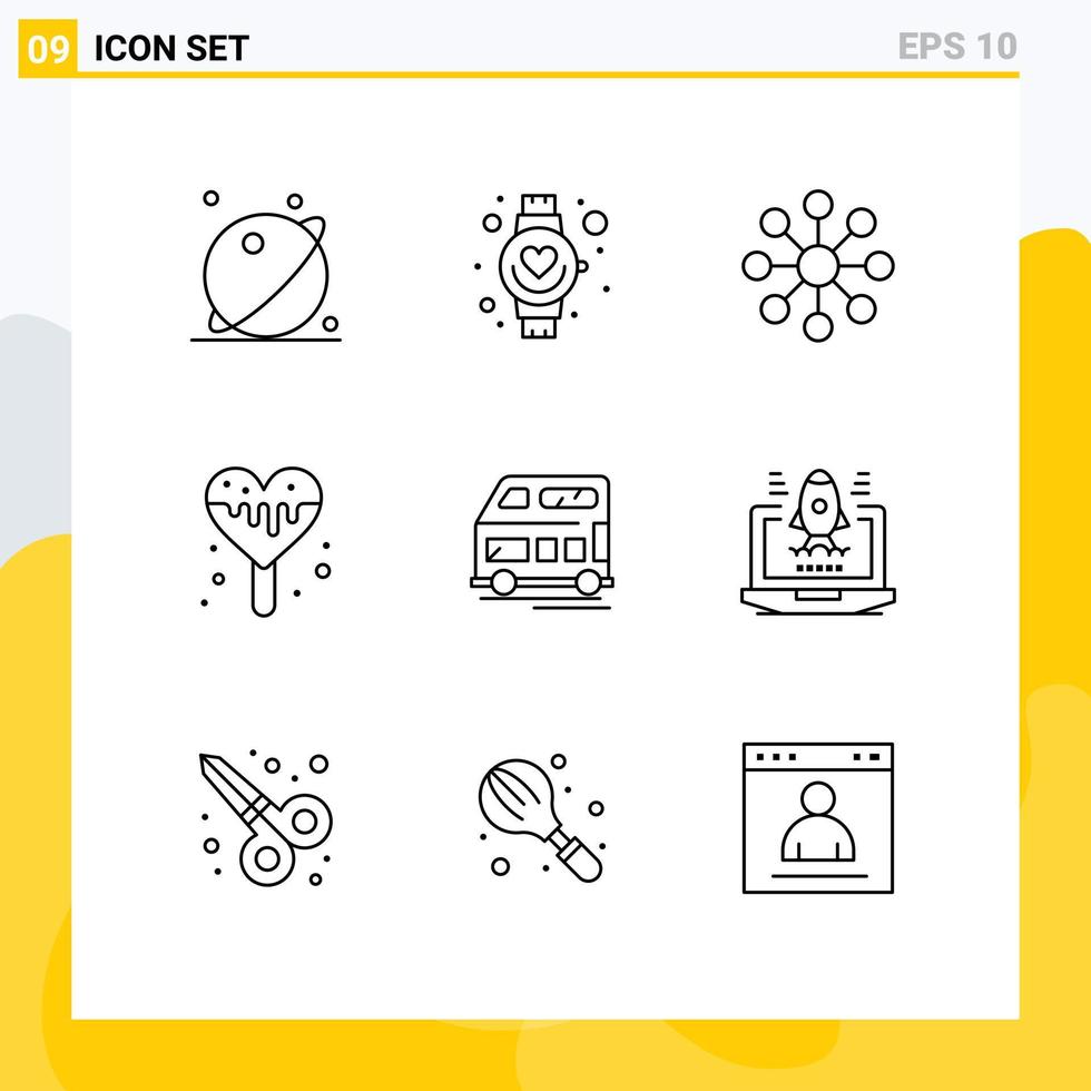 9 Universal Outline Signs Symbols of transport bus watch sweets ice cream Editable Vector Design Elements