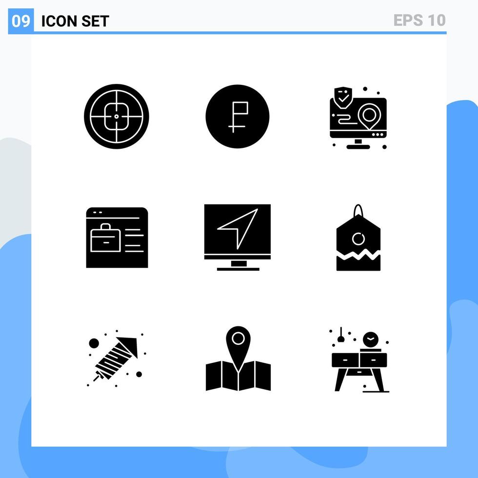 9 Thematic Vector Solid Glyphs and Editable Symbols of job website bag finance map interaction Editable Vector Design Elements