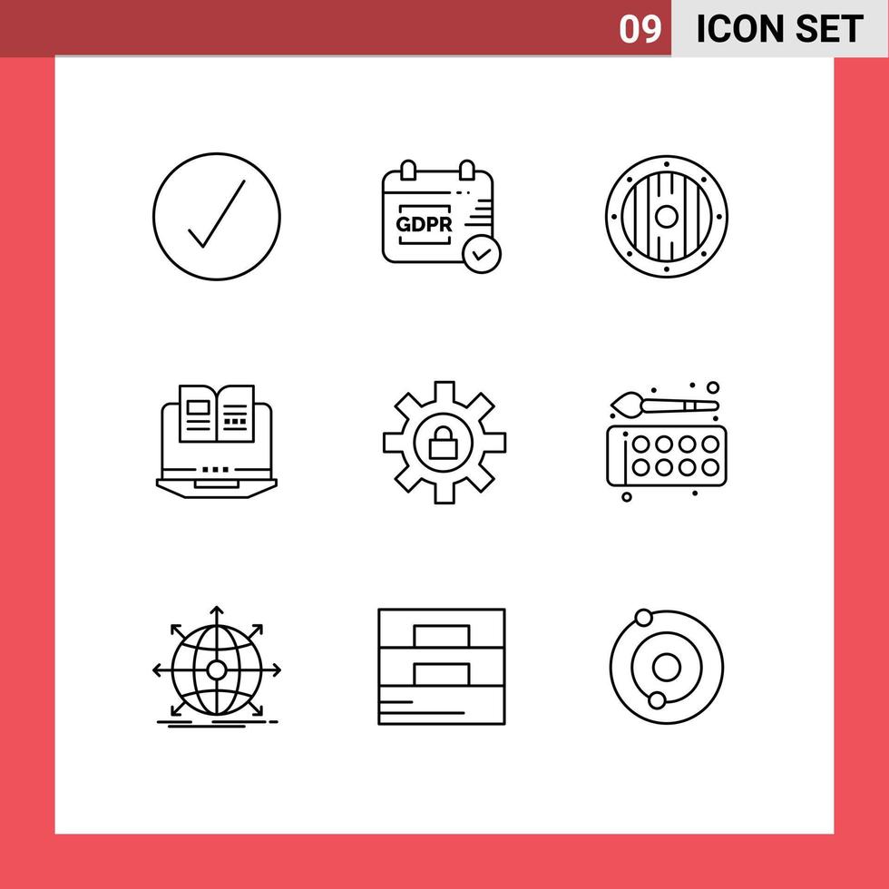 Pack of 9 creative Outlines of lock gear game hardware computer Editable Vector Design Elements