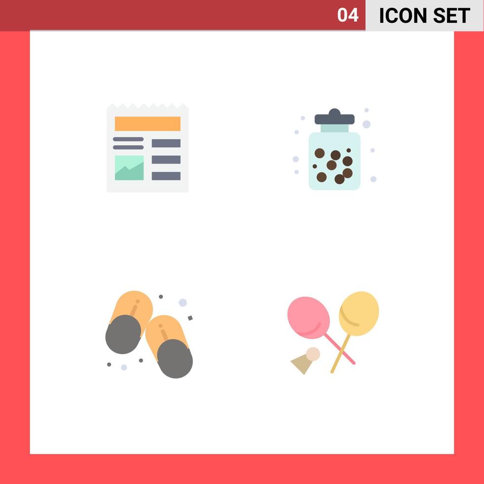 conjunto de pictogramas de 4 iconos planos simples de chanclas de documento imagen zapatillas de postre elementos de diseño vectorial editables vector