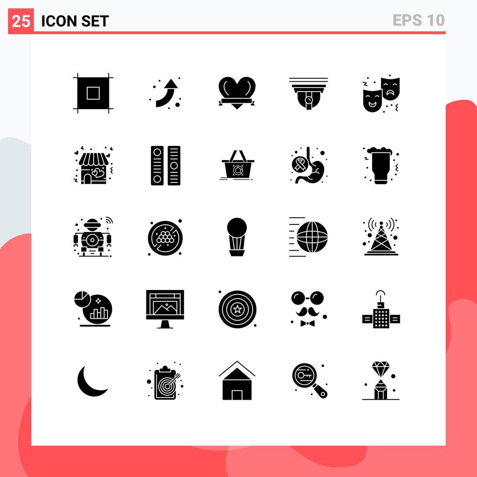 Set of 25 Vector Solid Glyphs on Grid for drama expression romantic face cam Editable Vector Design Elements